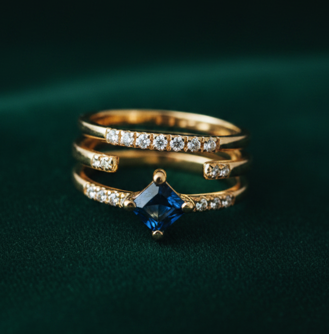 Bague Triple Anneau Diamants Saphir